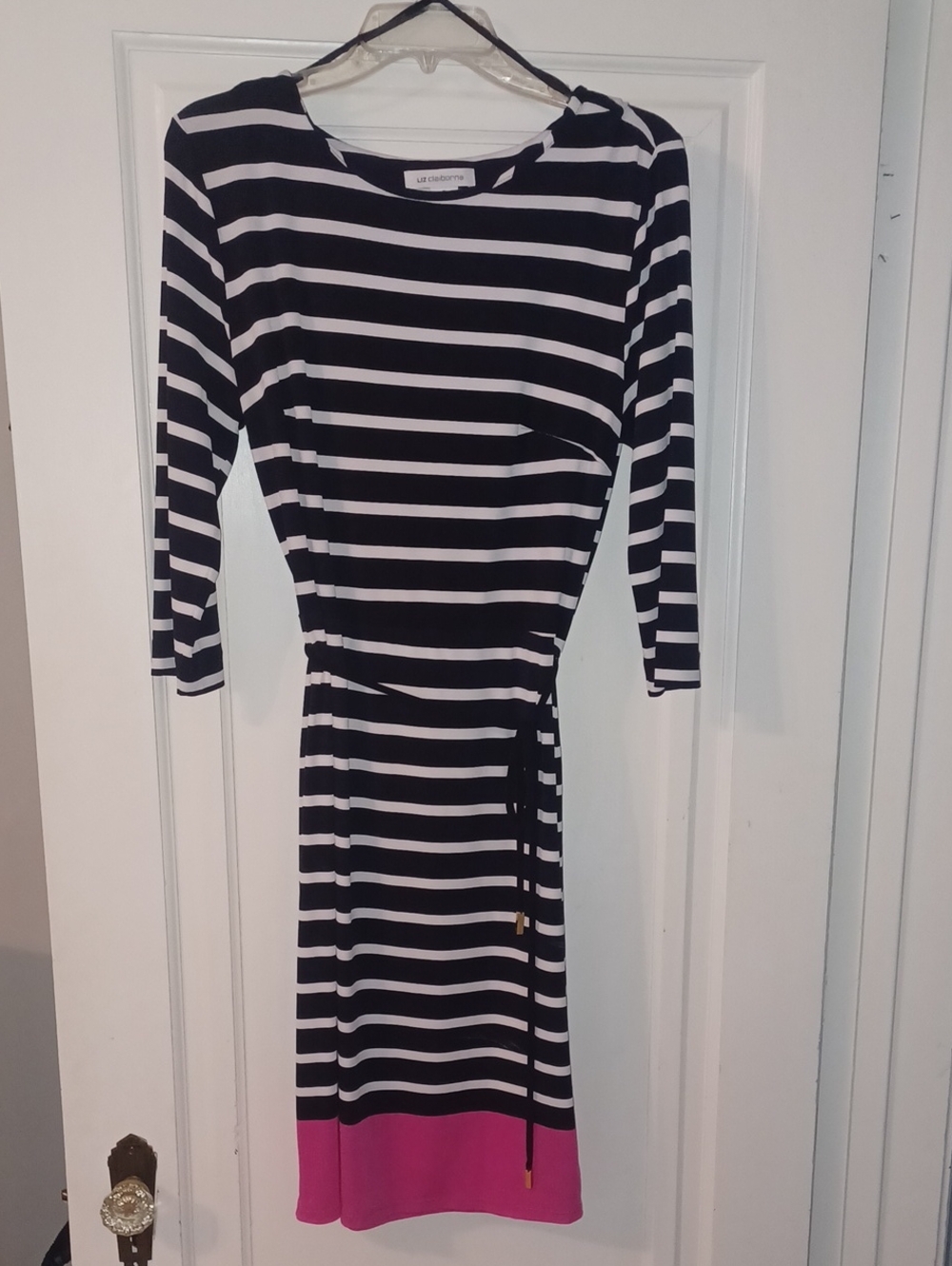 Liz Claiborne Black and White Striped Long Sleeve Sheath Dress with Pink Hem